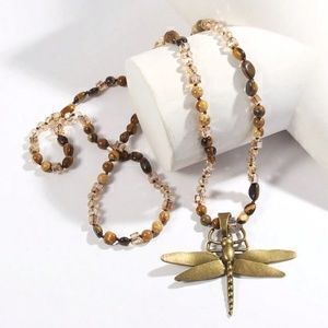 Boho Tigers Eye Crystal Natural Glass Dragonfly Necklace